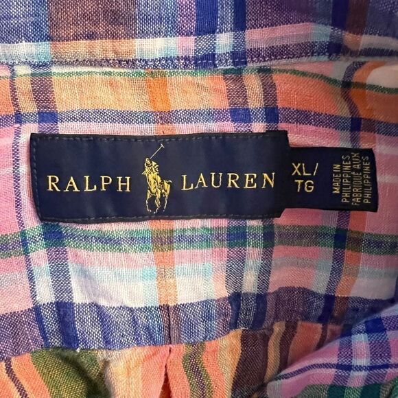 EEUC Men's Ralph Lauren Short Sleeve Plaid Linen Button Down Front Shirt Size XL - Picture 3 of 3